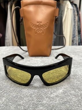MCM Black Shield Sunglasses with Brown Embossed Leather Case and Yellow Lenses